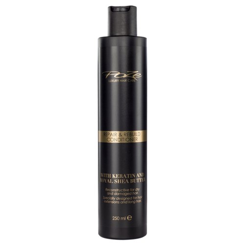 Een zwarte fles met goudkleurige tekst, labelt als herstel- en opbouwend conditioner voor beschadigd haar, met keratine en sheaboter.
