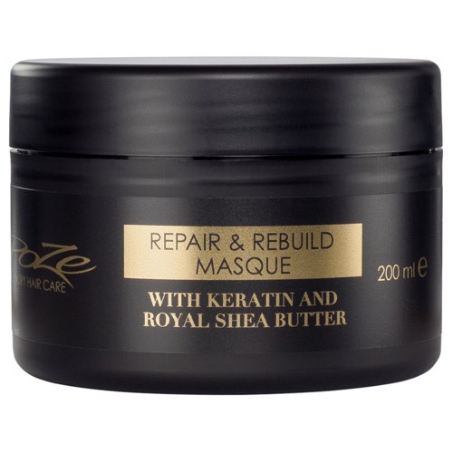 Schwarzer Behälter mit Haarmaske, goldene und schwarze Beschriftung, erwähnt Reparatur, Wiederaufbau, Keratin und Shea-Butter. 200 ml.