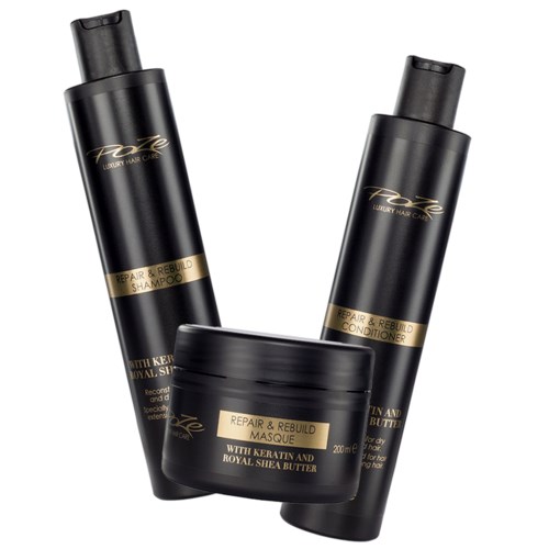 Drei schwarze Haarpflegeflaschen und ein Behälter, beschriftet für Shampoo, Conditioner und Maske, mit Gold- und Weißschrift.