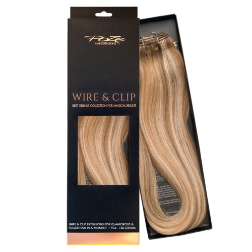En låda med blonda hårförlängningar som heter 'Wire & Clip', passar för att lägga till längd eller volym.