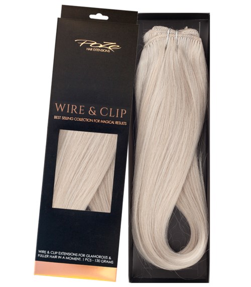 Hårförlängning med ljusblont hår i ett paket märkt 'Wire & Clip' för enkel applicering.
