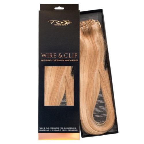 Boxen innehåller blonda hårförlängningar kallade Wire & Clip, perfekta för glamoröst och fylligare utseende, redo att använda.