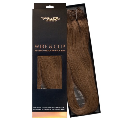 En box med hårförlängning kallad 'Wire & Clip' för att skapa ett fullt, glamoröst frisyr med bruna hårförlängningar.