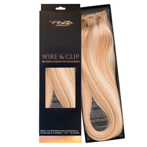 Blonde hårförlängning med klämmor, i en svart låda. Den är märkt 'Wire & Clip' för enkel fästning.