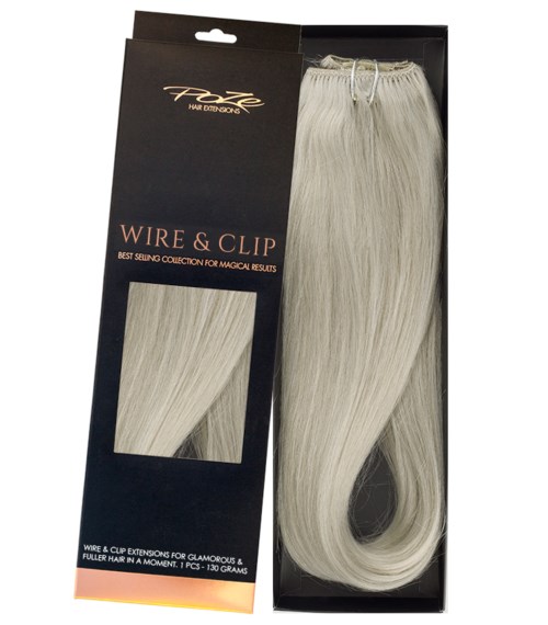Ett paket med vita hårförlängningar som heter 'Wire & Clip' och visar ett exempel på långt, rakt, silverfärgat hår.