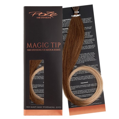 Een doos met 20 haarverlengingsstukken in bruin, vastgemaakt met een klein zwart bandje, op zwart-oranje verpakkingen.