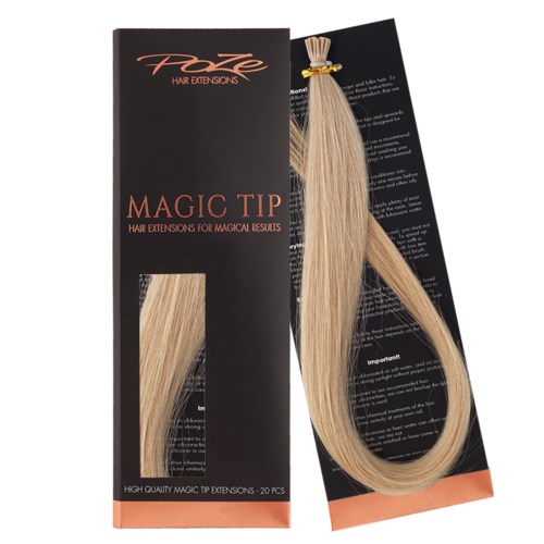 En låda med blonda hårförlängningar kallad 'Magic Tip' med ett prov visar ett långt, rakt hårprodukter.