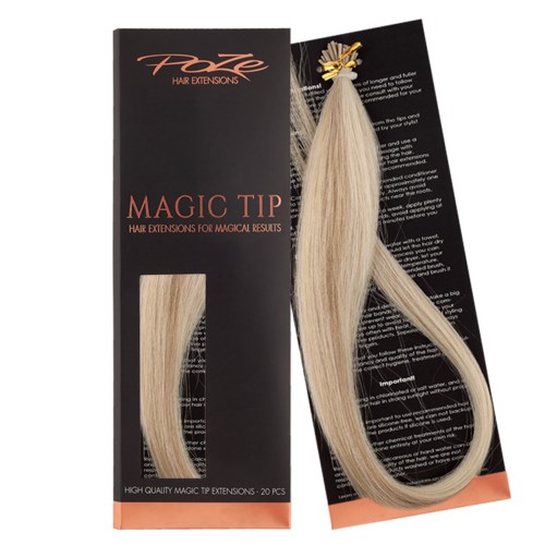 Een pakket haarextensions in een zwart en oranje doos, met een monster van blond haar buiten.