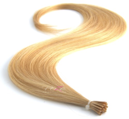 Lange, blonde haaruitbreiding met een haarband aan één uiteinde, in een zachte boog.