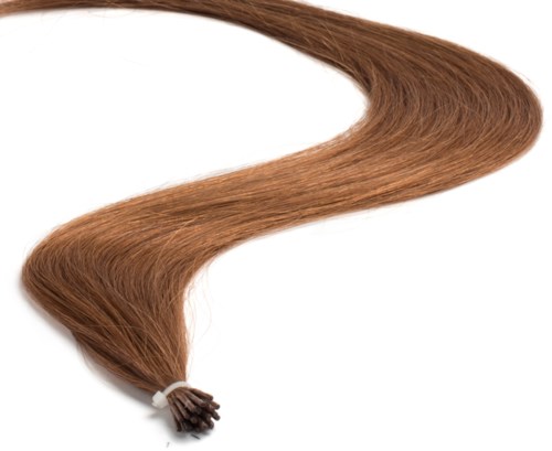 Een bos lang, bruin haar dat aan het uiteinde is vastgebonden en in een zachte golf ligt.