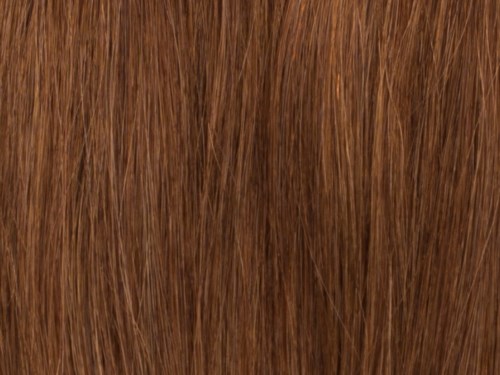 Close-up van bruin, glanzend, steil haar die individuele strengen laten zien.
