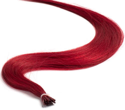 Een rood haarstuk met een bundel aan één uiteinde en dat naar buiten vloeit, glad en glanzend.