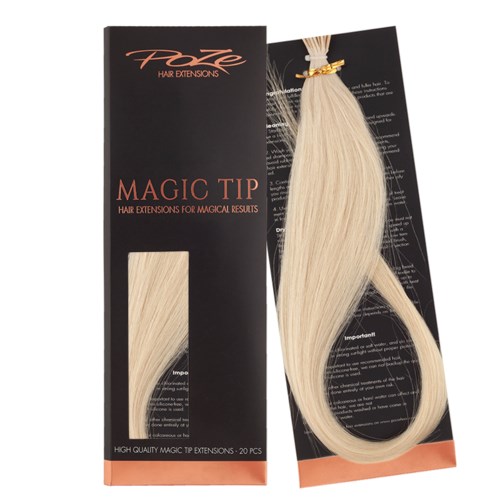 Verpakking met een bundel blond haarverlengingen en productinformatie.