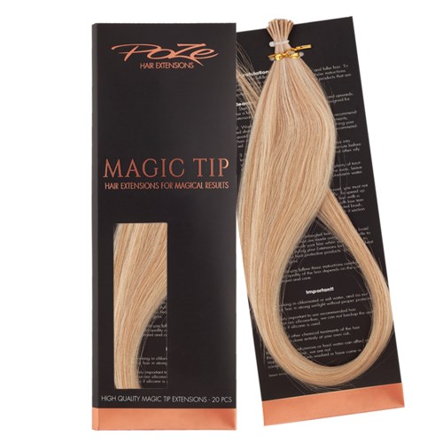 Een pakket haarverlengingen genaamd 'Magic Tip' met 20 stuks, toont blond haar dat bovenaan is samengebonden.