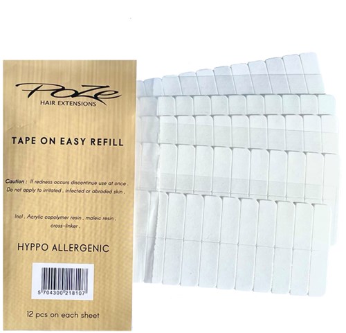 A package of hair extension tape with 12 sheets, some used and some new, labeled safe for sensitive skin.