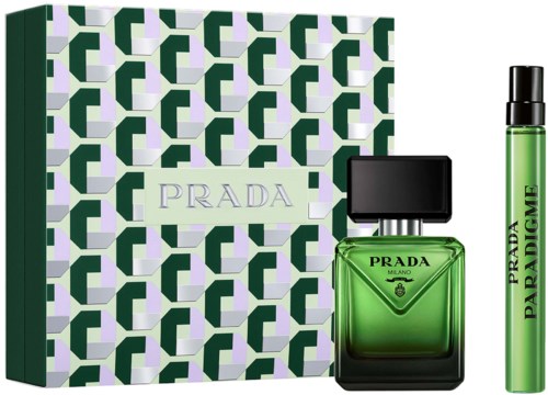 Prada Milano parfympresentset med en grön flaska, roll-on och mönstrad box.