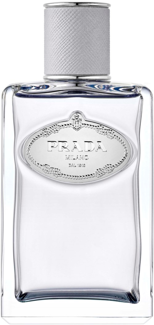 Een glazen parfumfles met zilveren dop en Prada-logo op de voorkant.