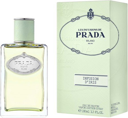 Een Prada-parfumbus en doos, lichtgroen kleur en eenvoudig ontwerp, toont het merk en de geur.