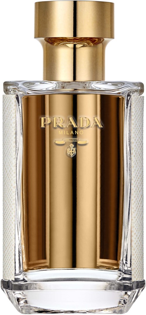 Een Prada-parfumpomp met gouden dop, doorzichtig glas en gouden tekst op de voorkant.