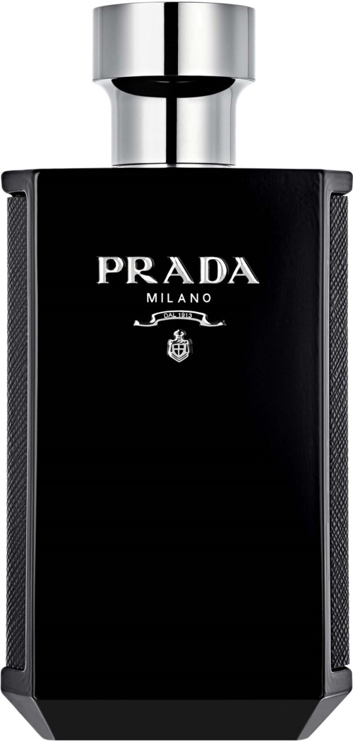 Een zwarte Prada-geurststil met zilveren deksel, rechthoekige vorm, en Prada-logo op de voorkant.