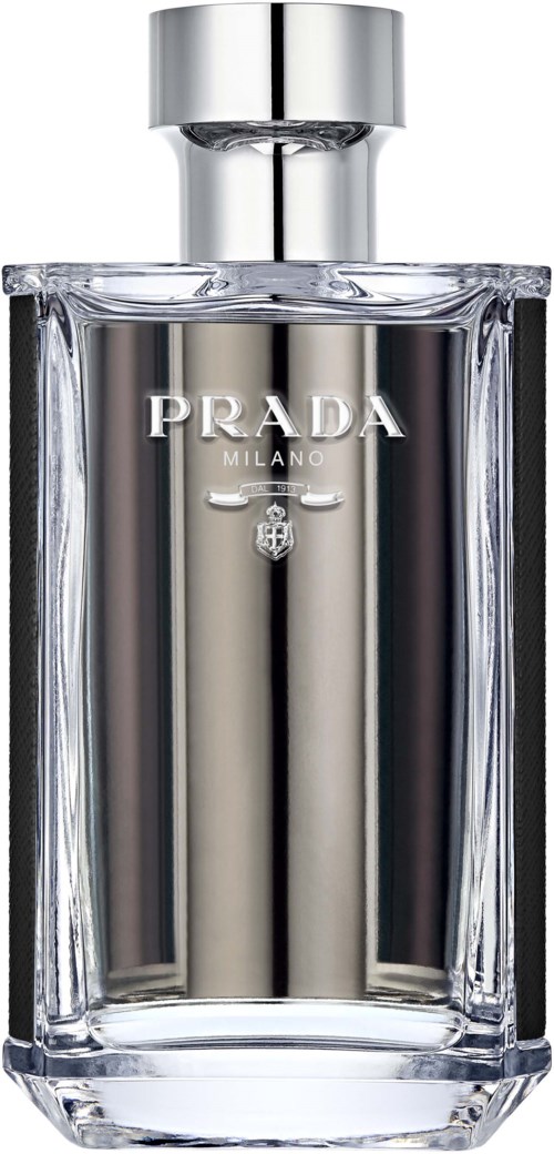 Een heldere parfumfles met zilveren dop, gemarkeerd Prada Milano, die licht weerkaatst.