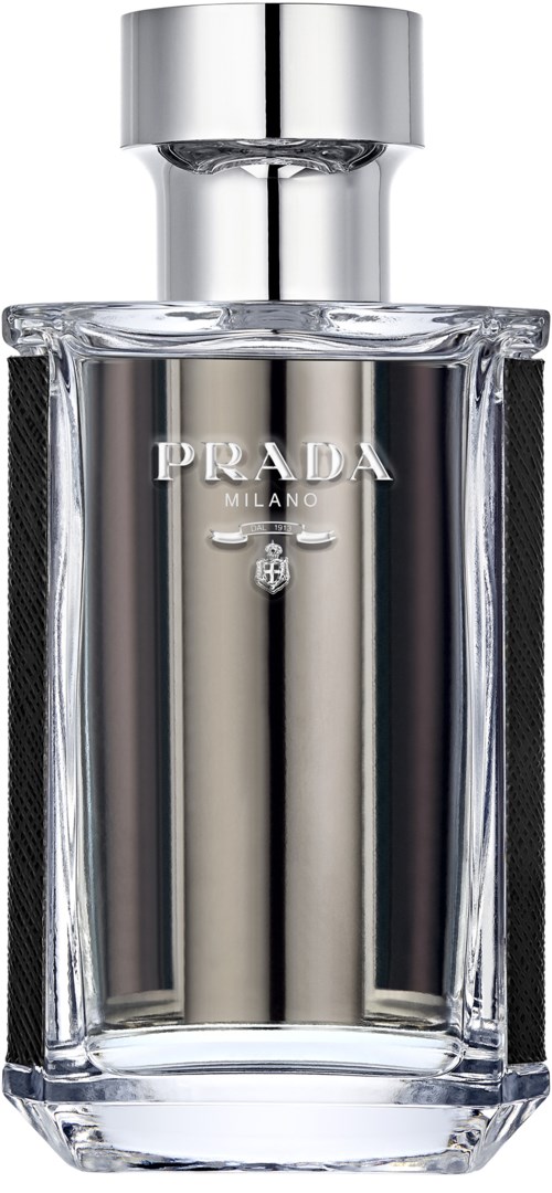 Een heldere, rechthoekige parfumfles met zilveren dop en Prada-logo op de voorkant.