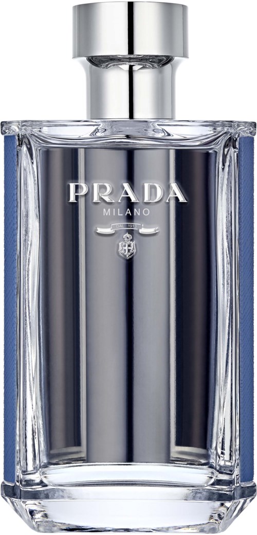Een heldere glazen parfumfles met zilveren dop, met Prada Milano-logo aan de voorkant.