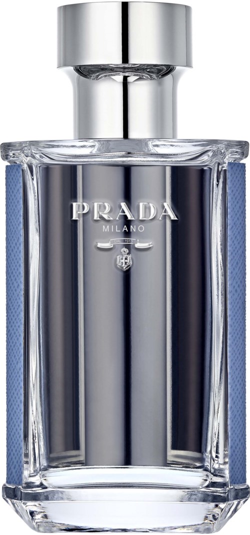 Een glazen parfumfles met een metallic zilveren dop en Prada-logo op de voorkant.