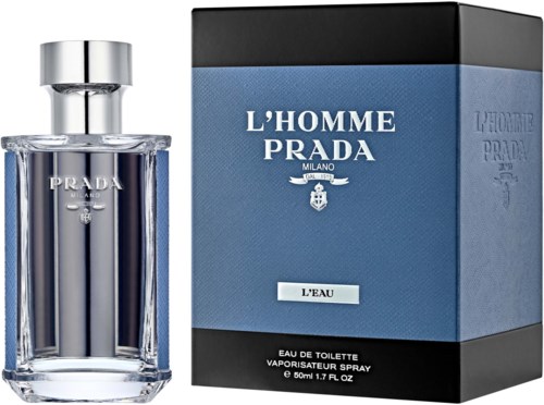 Een Prada herengeur fles en doos, blauw en zwart, met zichtbare merkteksten.