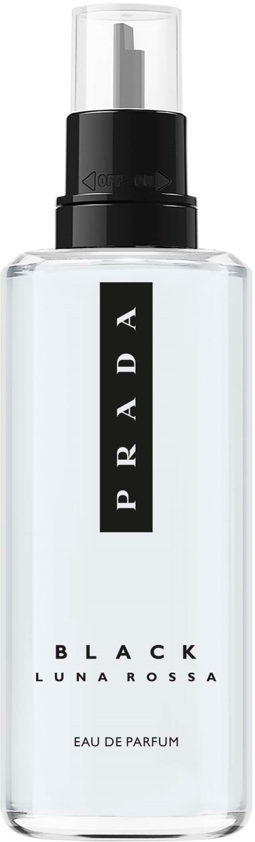 Een doorzichtige parfumfles met een zwart deksel, gemarkeerd Prada Black Luna Rossa Eau de Parfum.