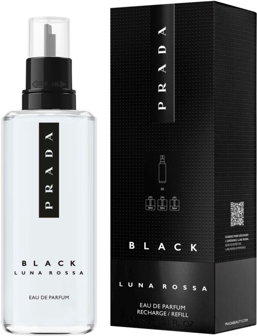 Een parfumfles met zwart-wit ontwerp, gemarkeerd Prada Black Luna Rossa, en de bijpassende zwarte doos.