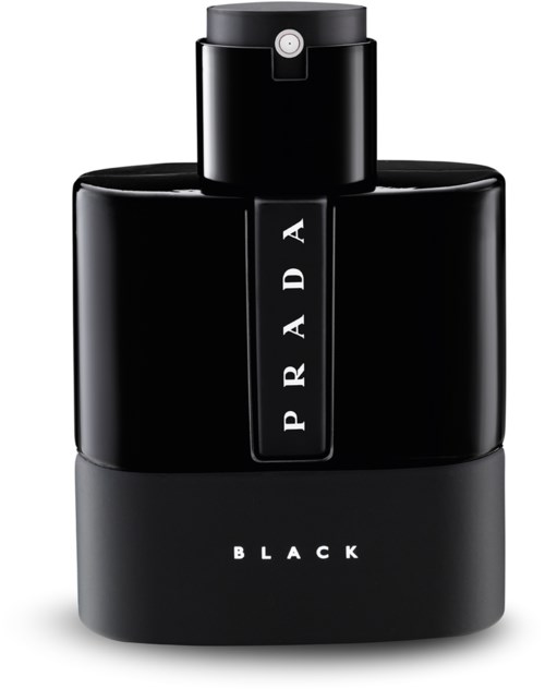 Een zwarte parfumfles met 'PRADA' op de voorkant en 'BLACK' op de basis.
