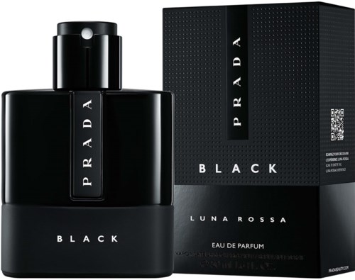 A black perfume bottle and box labeled Prada Luna Rossa Black.