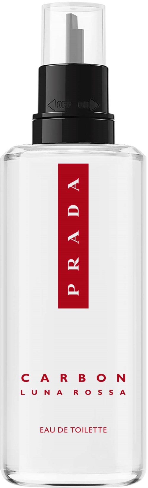 Een doorzichtige fles met een zwart-wit verstuiver, gemarkeerd Prada Carbon Luna Rossa Eau de Toilette.