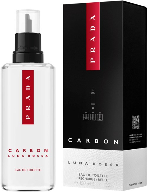 Een parfumfles en doos voor Prada Carbon Luna Rossa, eau de toilette spray, 150 ml, elegant ontwerp.