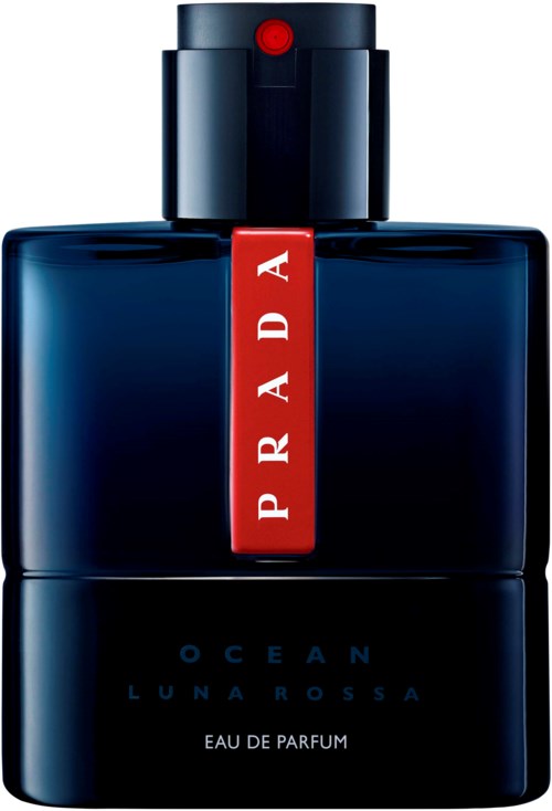 A dark blue perfume bottle with a red label and black cap, labeled Prada Ocean LunaRossa Eau de Parfum.