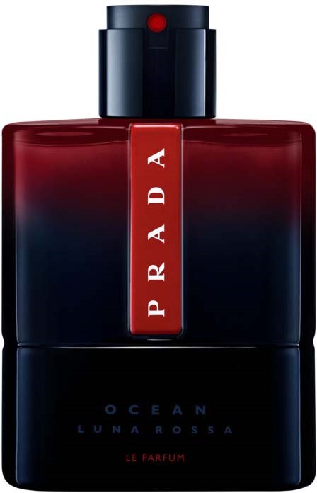 Dunkelrote und schwarze Flasche mit Prada-Logo und 'Ocean Luna Rossa'-Text, vermutlich ein Parfüm.
