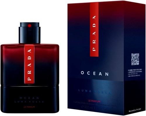 Ein Parfümflasche und eine Box, dunkelblau und rot, mit der Marke Prada und Duft Ocean Luna Rossa.