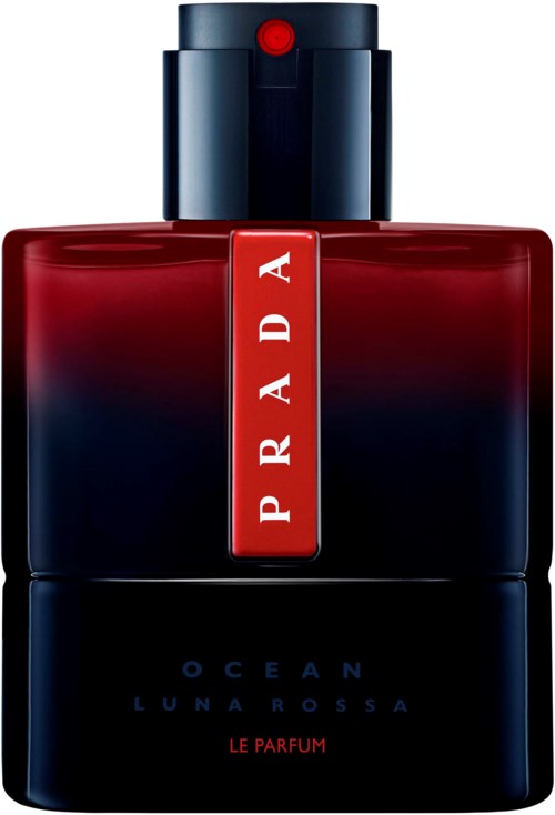 Een parfumfles met een zwart en rood design, gelabeld 'Prada' en 'Ocean Luna Rossa.'