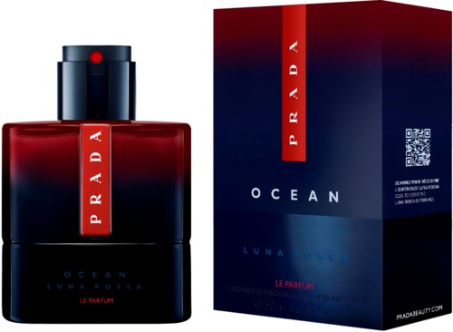 Een parfumfles en doos van Prada, genaamd Ocean Luna Rossa, in rood en donkerblauw.