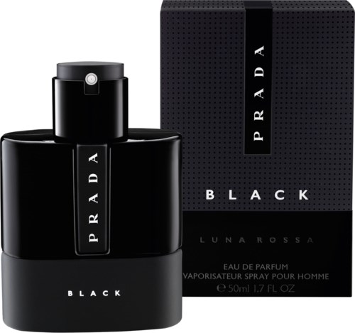 Een zwart parfumflesje en doos met Prada-brand, gemerkt "Black", en symboliseert luxe en elegantie.