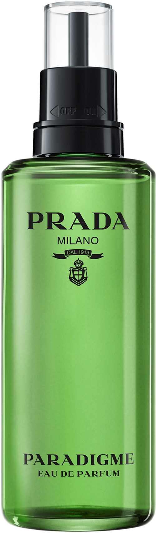 Groene parfumfles met zwart en doorzichtig deksel, Prada-logo en 'Paradigm Eau de Parfum' tekst.