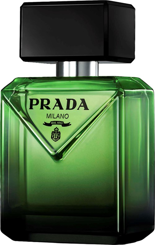 A green Prada Milano perfume bottle with a black cap, sleek design, and logo on the front.