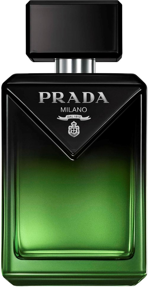 Prada Milano parfymflaska med en grön och svart gradientdesign och ett svart rektangulärt lock.