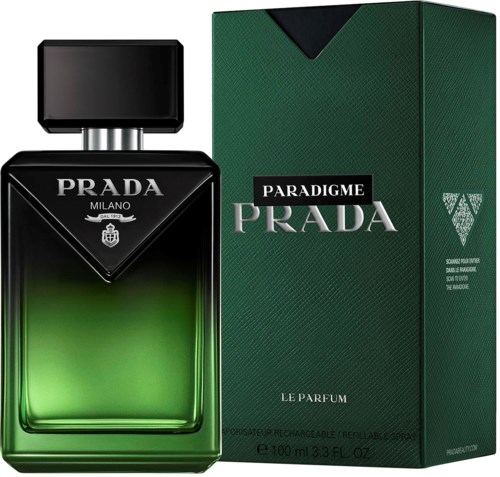 Prada Milano Paradigme Le Parfymflaska bredvid sin gröna förpackning.