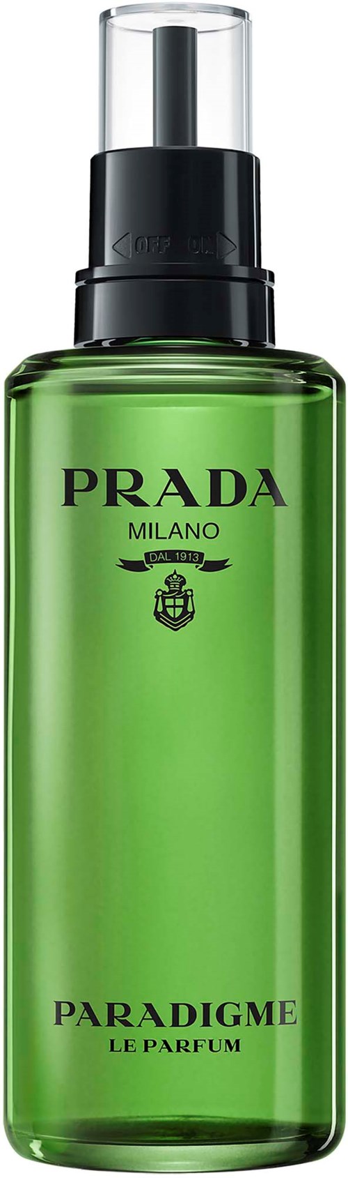 En grön Prada Milano-parfymflaska med svart och klar topp, märket syns på framsidan.