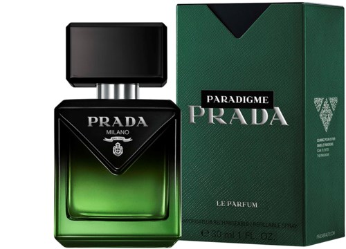 Prada Paradigm parfymflaska med grön och svart förpackningskartong.
