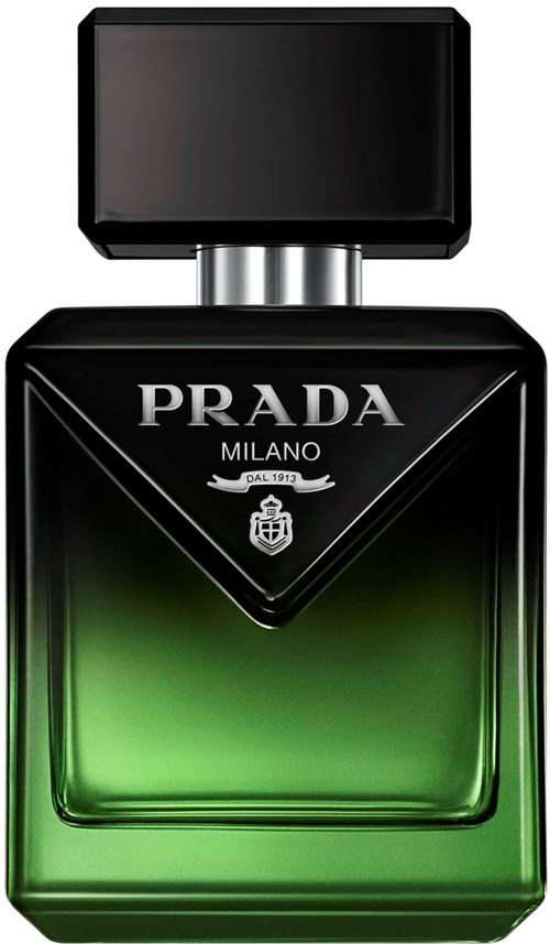 Prada Milano parfymflaska med svart lock och grönfärgad glas. Prada-loggan syns på framsidan.