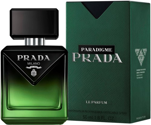 En Prada Milano Legend parfålflaska med svart lock bredvid en grön förpackningslåda.
