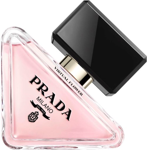 A triangular pink perfume bottle with a black cap, labeled Prada Milano Virtual Flower.